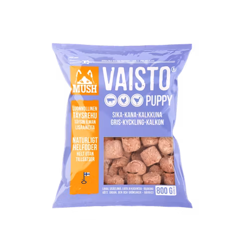 MUSH Vaisto® Puppy Ljuslila Fryst helfoder (gris–kyckling-kalkon) SKICKAS EJ!