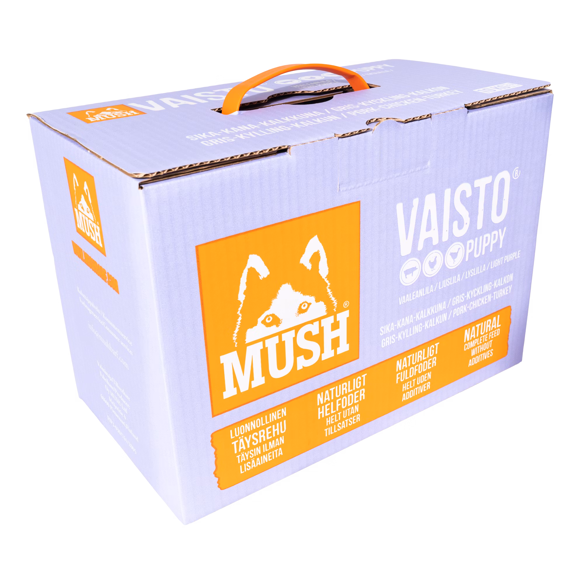 MUSH Vaisto® Puppy Ljuslila Fryst helfoder (gris–kyckling-kalkon) SKICKAS EJ!