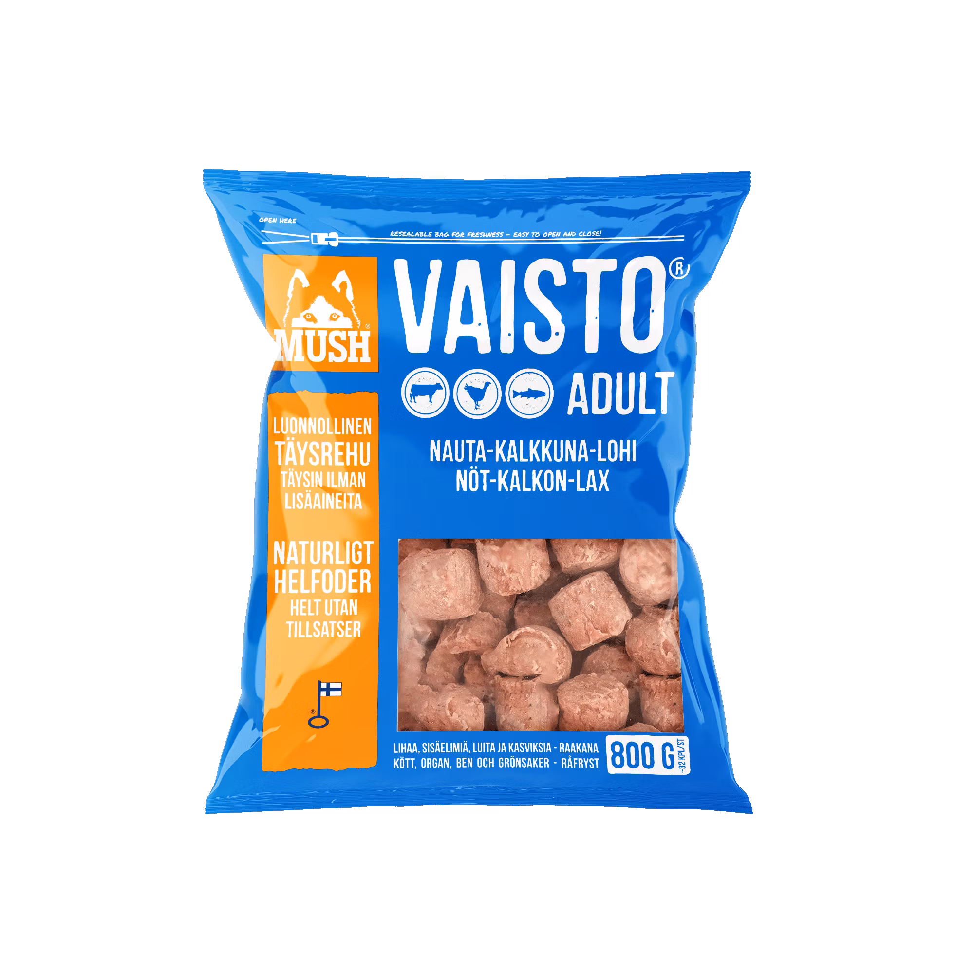 MUSH Vaisto® Blå Fryst helfoder (Nöt-kalkon-lax) SKICKAS EJ!