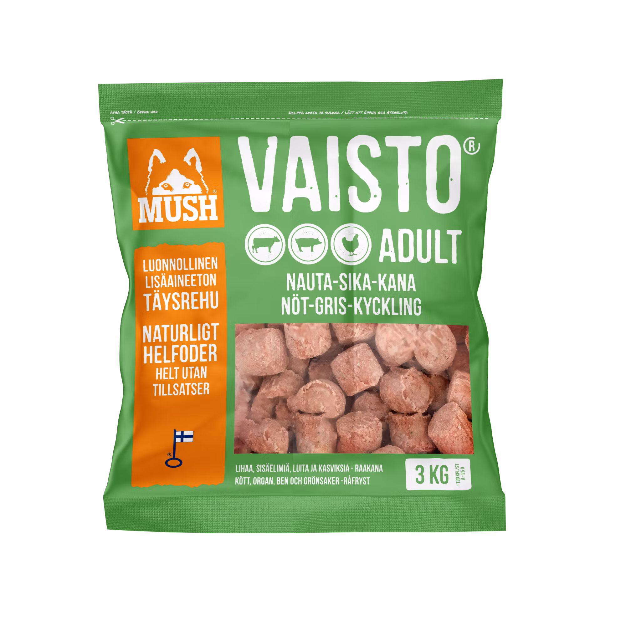 MUSH Vaisto® Grön Fryst helfoder (nöt-gris-kyckling) SKICKAS EJ!