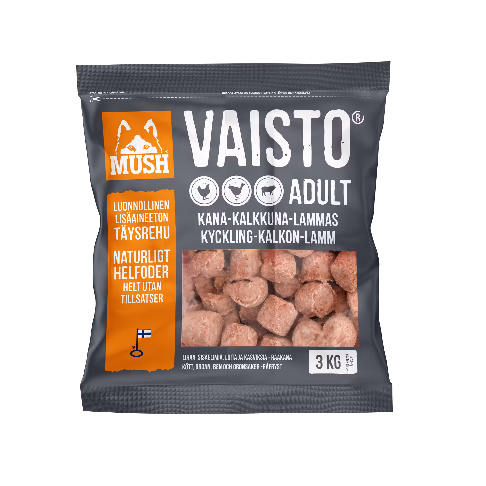 MUSH Vaisto® Grå Fryst helfoder (kyckling-kalkon-lamm) 3 kg SKICKAS EJ!