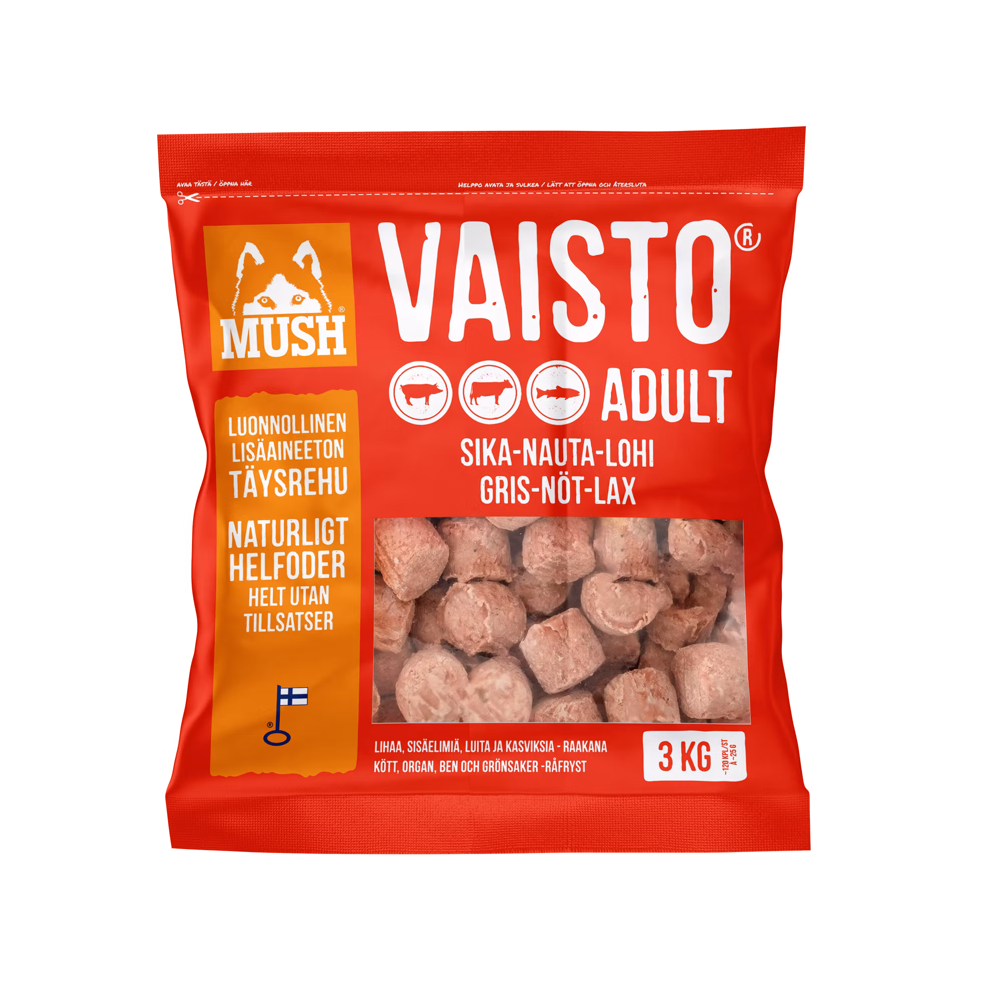 MUSH Vaisto® Röd Fryst helfoder (gris-nöt-lax) SKICKAS EJ!