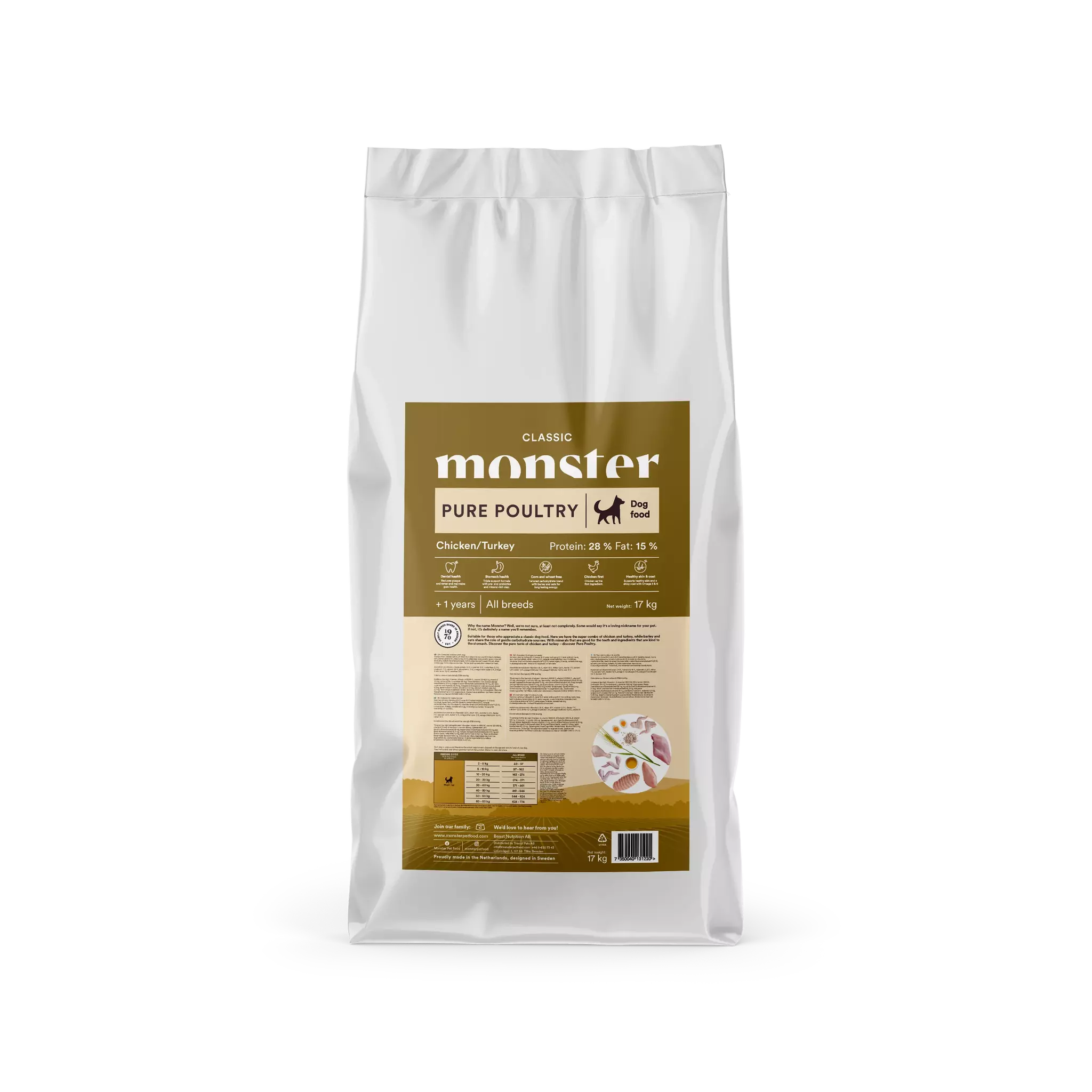 Monster Dog Classic Pure Poultry- Kyckling, Kalkon 2 kg/17 kg. Majs- och vetefri