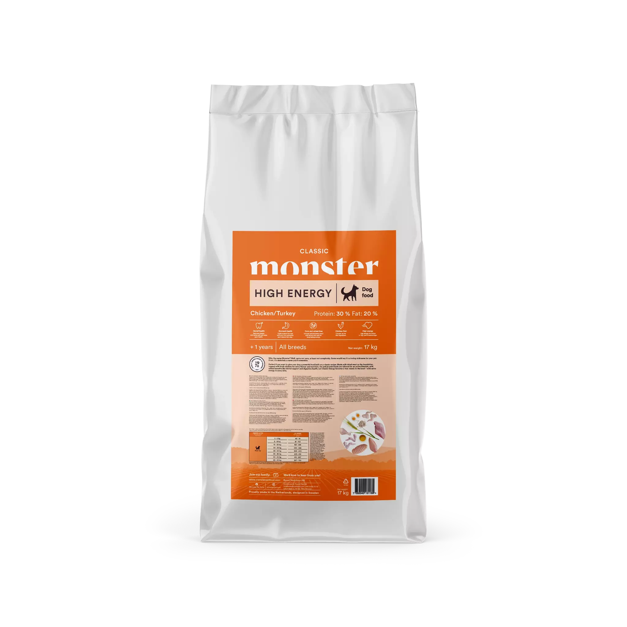 Monster Dog Classic High Energy- Kyckling, Kalkon 2 kg/17 kg. Majs- och vetefri