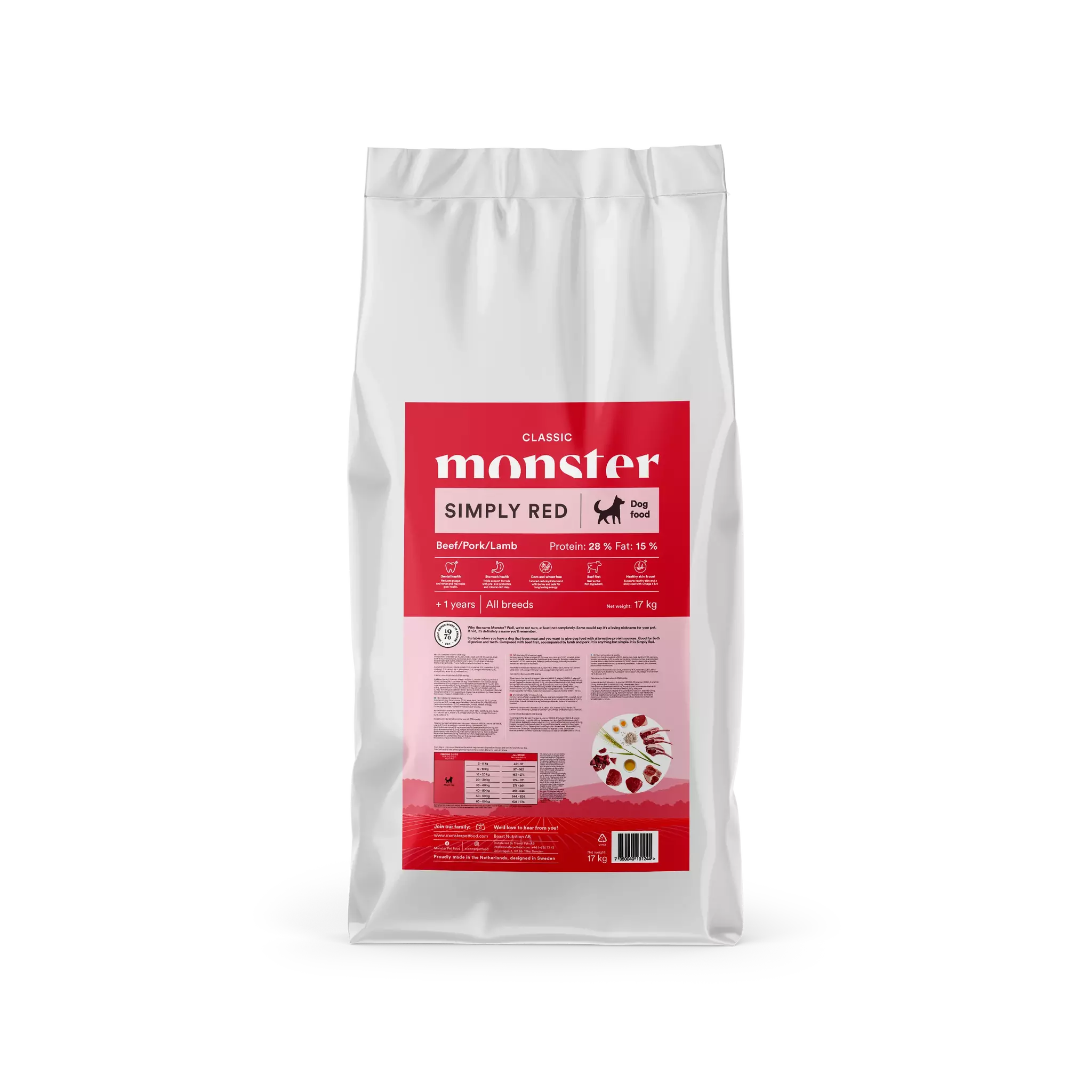 Monster Dog Classic Simply Red- Nötkött, Gris och Lamm 2 kg/17 kg. Majs- och vetefri