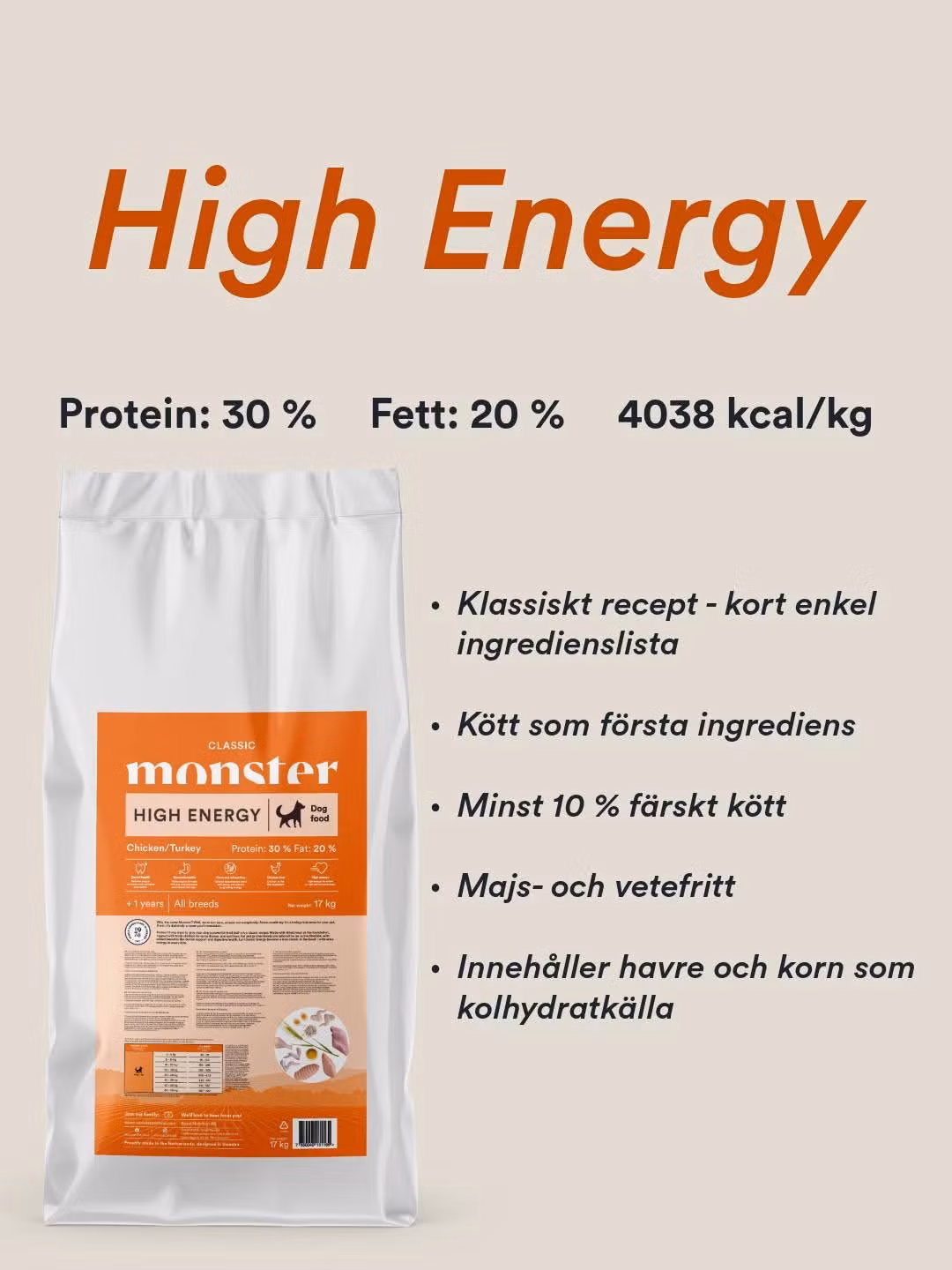Monster Dog Classic High Energy- Kyckling, Kalkon 2 kg/17 kg. Majs- och vetefri