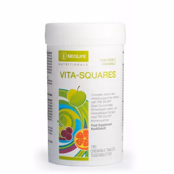 Vita Squares. Ibland äter barn stora portioner näringsrik mat, men ibland gör de helt enkelt inte det. Att lägga till ett multivitamin kosttillskott i form av en välsmakande tuggtablett till barns kos