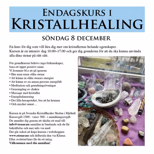 Kristallhealing, grundkurs,en dag 7 december