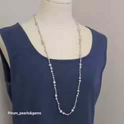 Pärlhalsband extra långt med silverblå saltvatten akoyapärlor