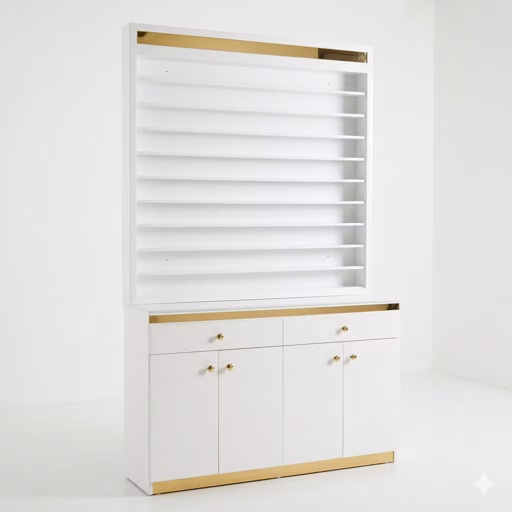 Polish Rack With Cabinet - White Gold