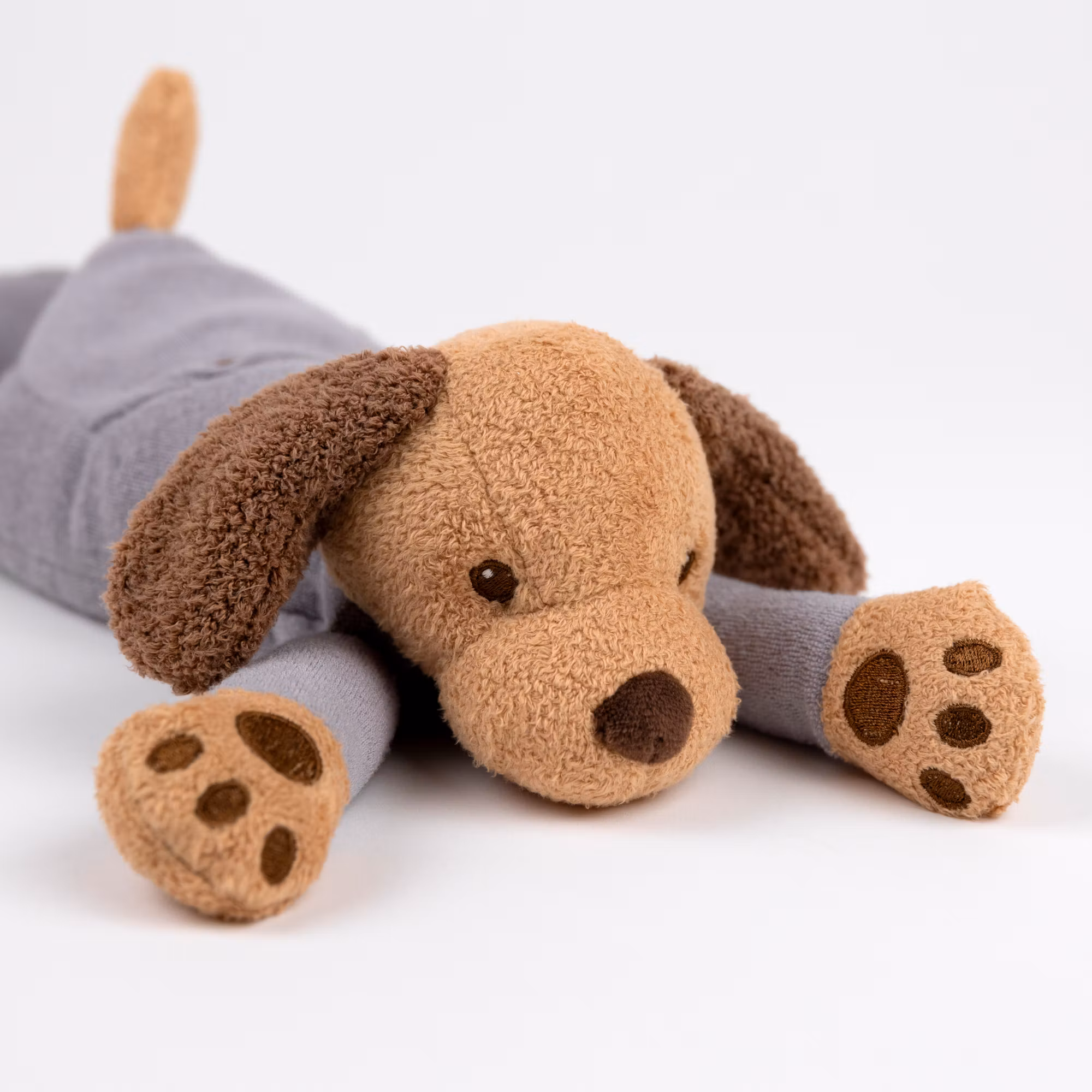 Tyngdhund i pyjamas med säng