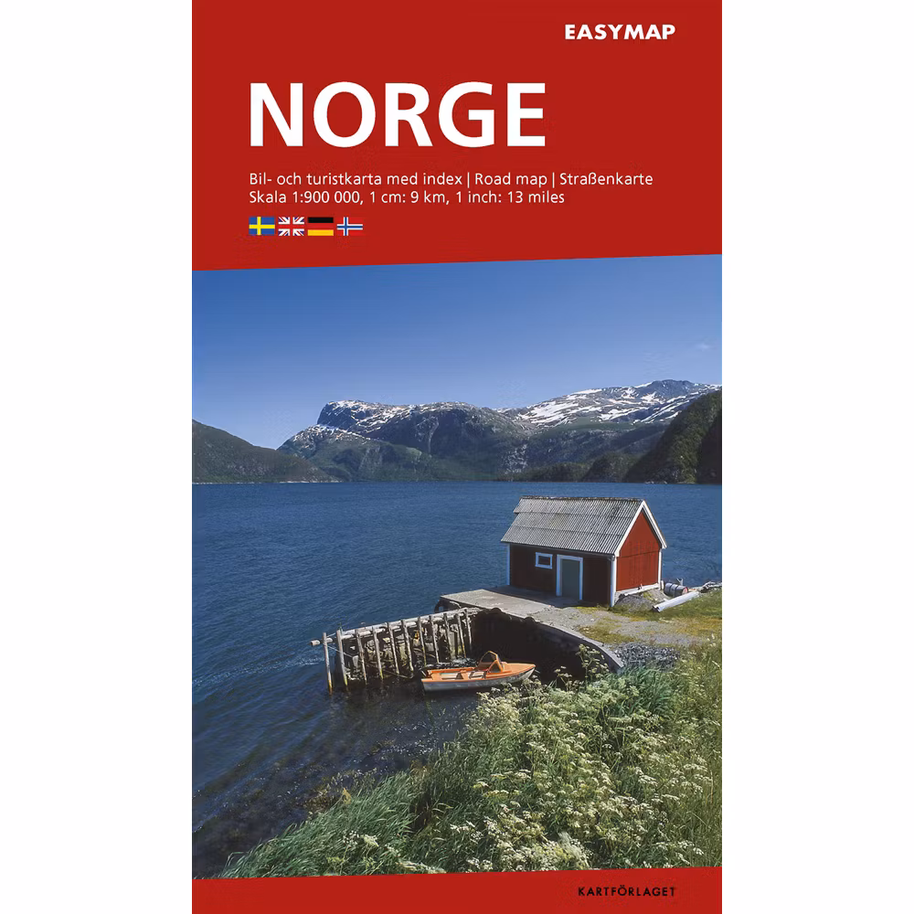 Bil- och turistkarta över Norge i skala 1:900 000.