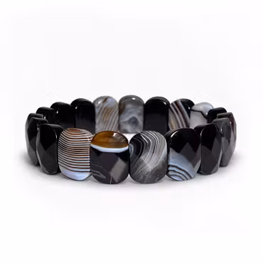 Agat Svart "Rundade Fasetterade Plattor" Armband
