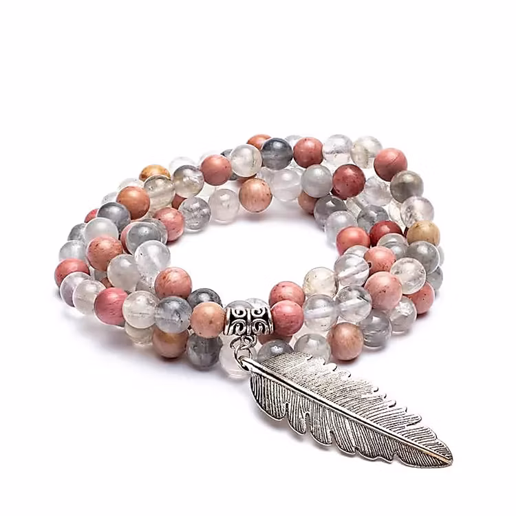 Rodonit, Kvarts grå (Fjäder) Mala 108 pärlor