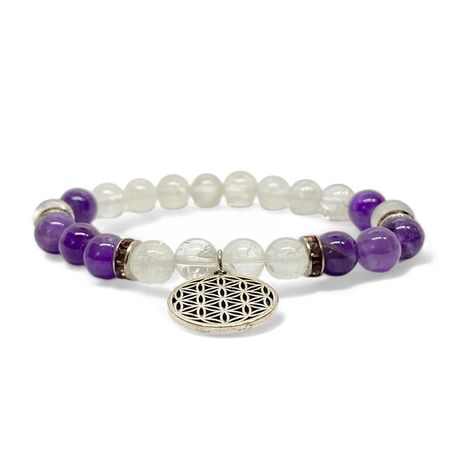 Bergkristall, Ametist (Livets Blomma) 8mm pärlor Armband