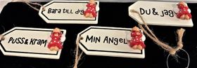 Söta små skyltar i trä med text och ängel, x1