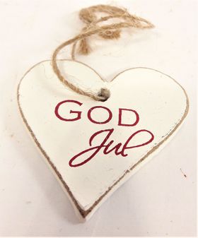 Julpynt, hjärta i trä med text "God Jul", med snöre