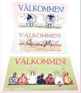 Roliga skyltar med text "Välkommen", 3 varianter
