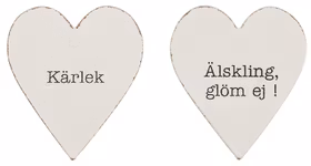 Kylskåpsmagnet i trä i form av ett hjärta med text, 2 varianter