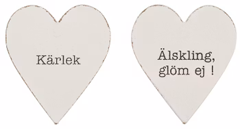 Kylskåpsmagnet i trä i form av ett hjärta med text, 2 varianter