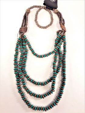Flerradigt halsband med träkulor brun och turkos