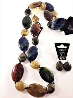 Halsband och matchande örhänge med stora polerade stenar, mix av bruna färger m.fl.