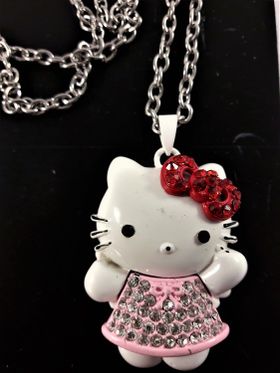 Halskedja med vit Hello Kitty med rosa kjol och strass