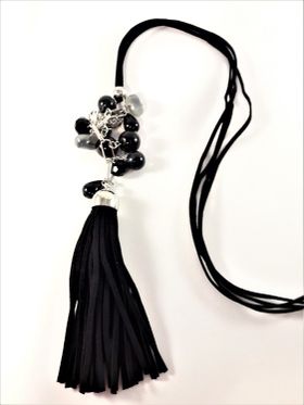 Långt Halsband med Läderrem med Pärlor och Tofs Svart