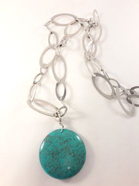 Halsband med Länkar och Rund Sten Silverfärg och Turkos