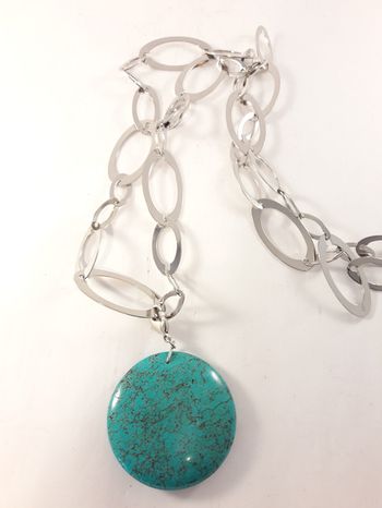 Halsband med Länkar och Rund Sten Silverfärg och Turkos