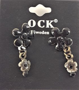 Emaljerat, svart örhänge i form av blomma med liten blomma och strass