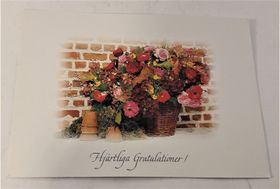 Kort/vykort med blomsterkorgmotiv, "Hjärtliga gratulationer"