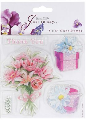 Papermania 5x5" sheet with 5 clear stamps bouquet of Flowers Thank You gift box