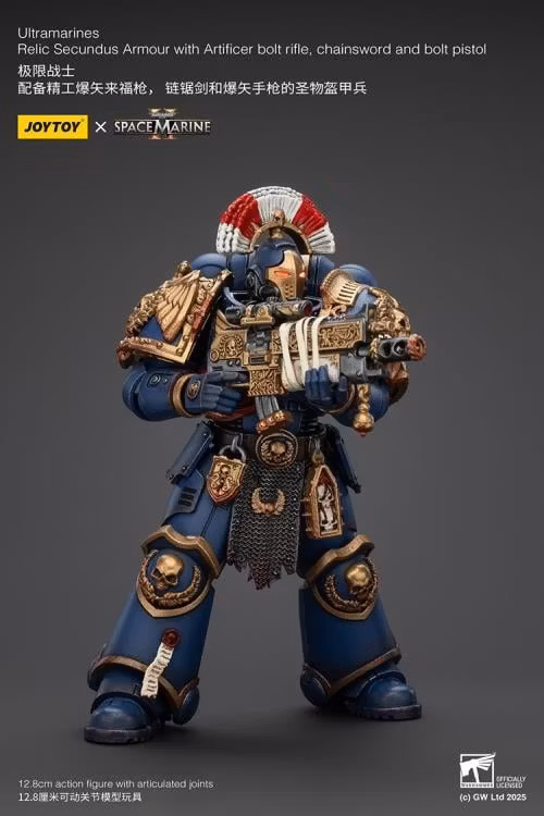 Warhammer 40,000: Space Marine 2 Ultramarines Relic Secundus Armor with Artificer Bolt Rifle, Chainsword and Bolt Pistol 1/18 Scale Action Figure