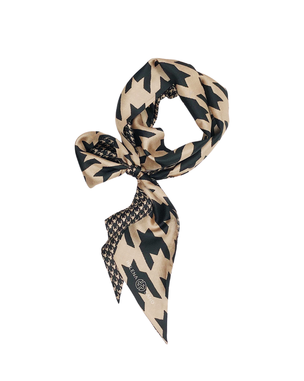 HELENA SAND twilly silk scarf / hundtandsmönstrad sidenscarf i varm beige och svart