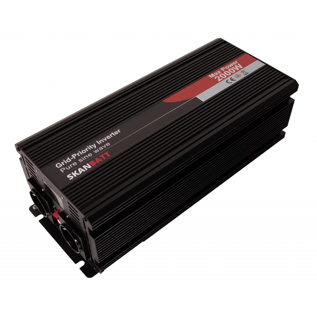 SKANBATT Inverter 12V 2000W Ren Sinus med Nettprioritering og Trådløs Fjernkontroll 420x165x120mm