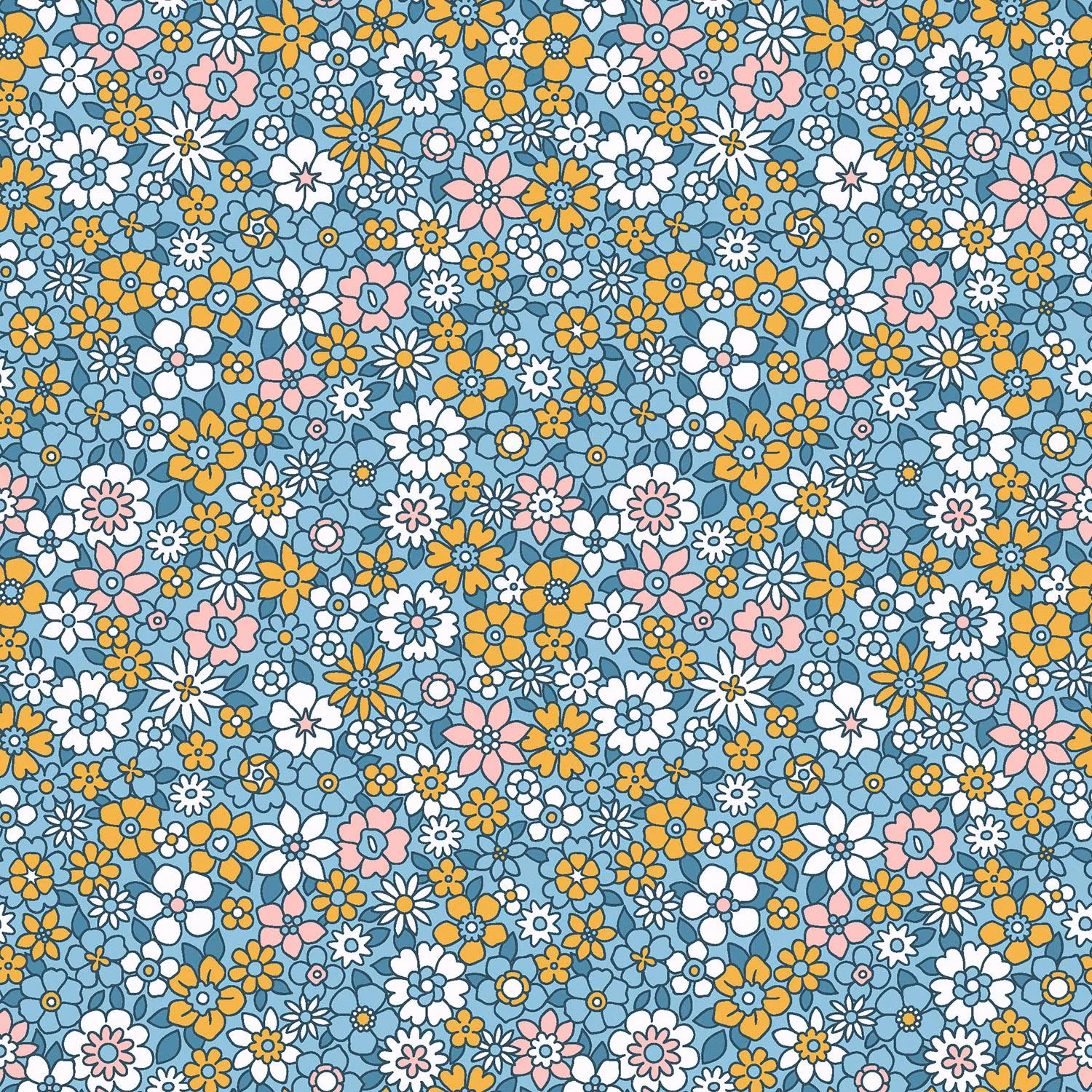 Bomullspoplin blommor turkosblå 20cm