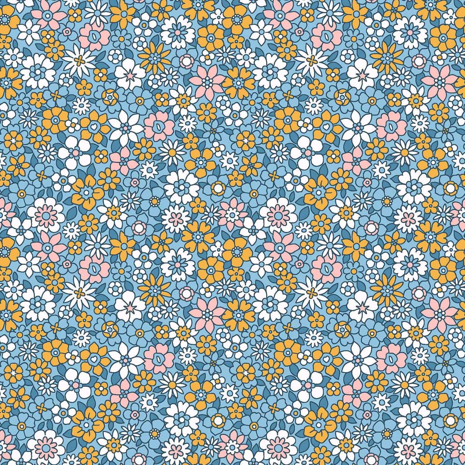Bomullspoplin blommor turkosblå