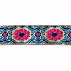 Dekorband guld med cerise blommor 30mm