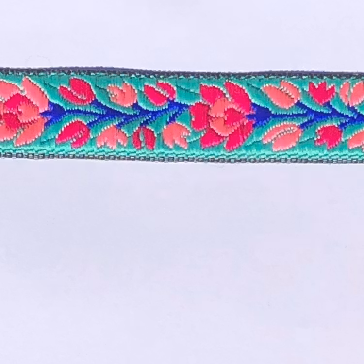 Dekorband turkos med blomranka i rosa & cerise