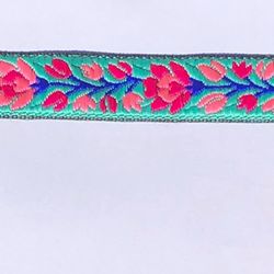 Dekorband turkos med blomranka i rosa & cerise