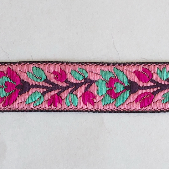 Dekorband rosa med blomranka i cerise & turkos
