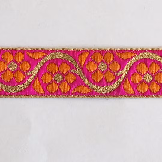 Dekorband cerise med orange blommor