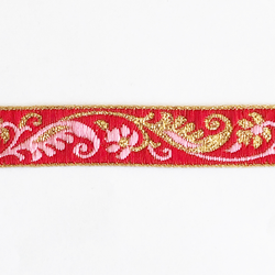 Dekorband rött med blomgirlang i rosa & guld