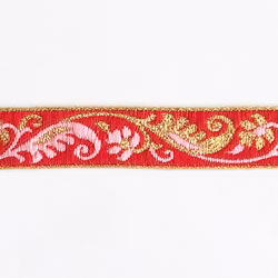 Dekorband rött med blomgirlang i rosa & guld