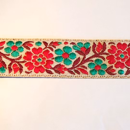Dekorband blommor rött, vinrött & grönt