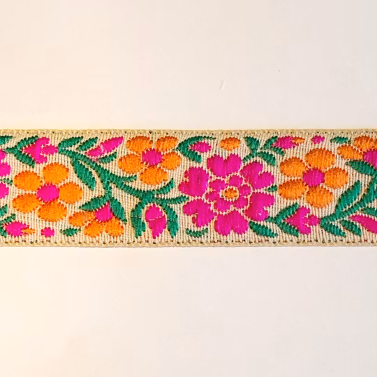 Dekorband blommor orange, cerise, grönt