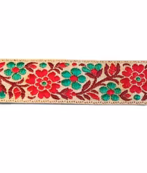 Dekorband blommor rött, vinrött & grönt 30mm