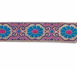 Dekorband guld med turkosa blommor 30mm