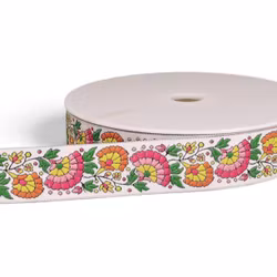 Dekorband vitt m blommor i rosa, orange & gul 33mm